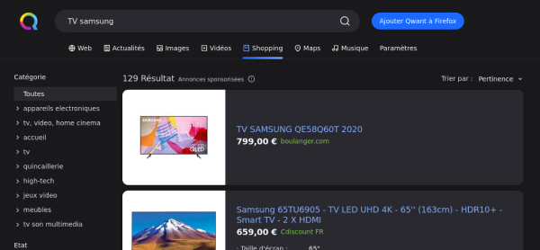 Résultat de la page shopping Qwant